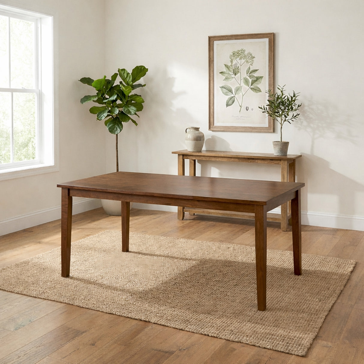 Modern 7-Piece 59 Inch Rectangular Dining Set, Dirty Oak Finish with Dark Beige Polyester Upholstered Chairs, Solid Rubberwood