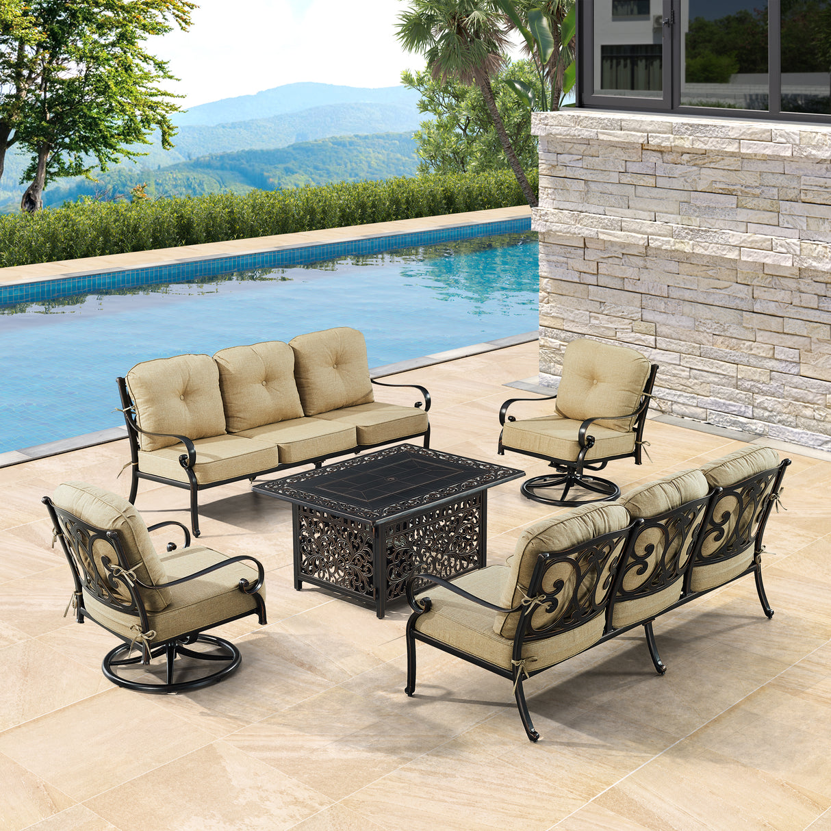 Black Aluminum Fire Table Set with Two Deep Seating Sofa with Cushions and Two Club Chairs - Sharicks