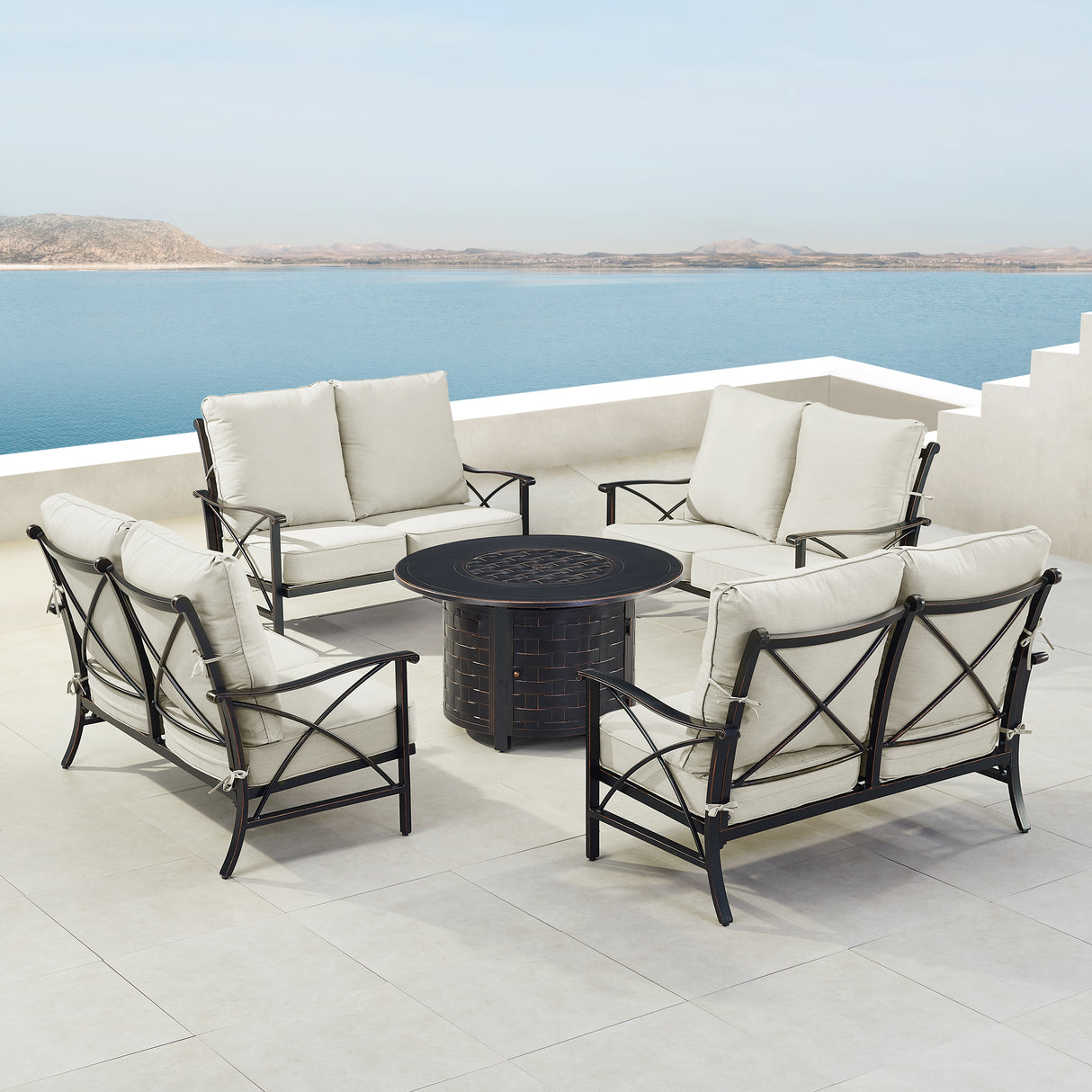 Black Aluminum Fire Table Set with Four Deep Seating Loveseat with Cushions - Sharicks