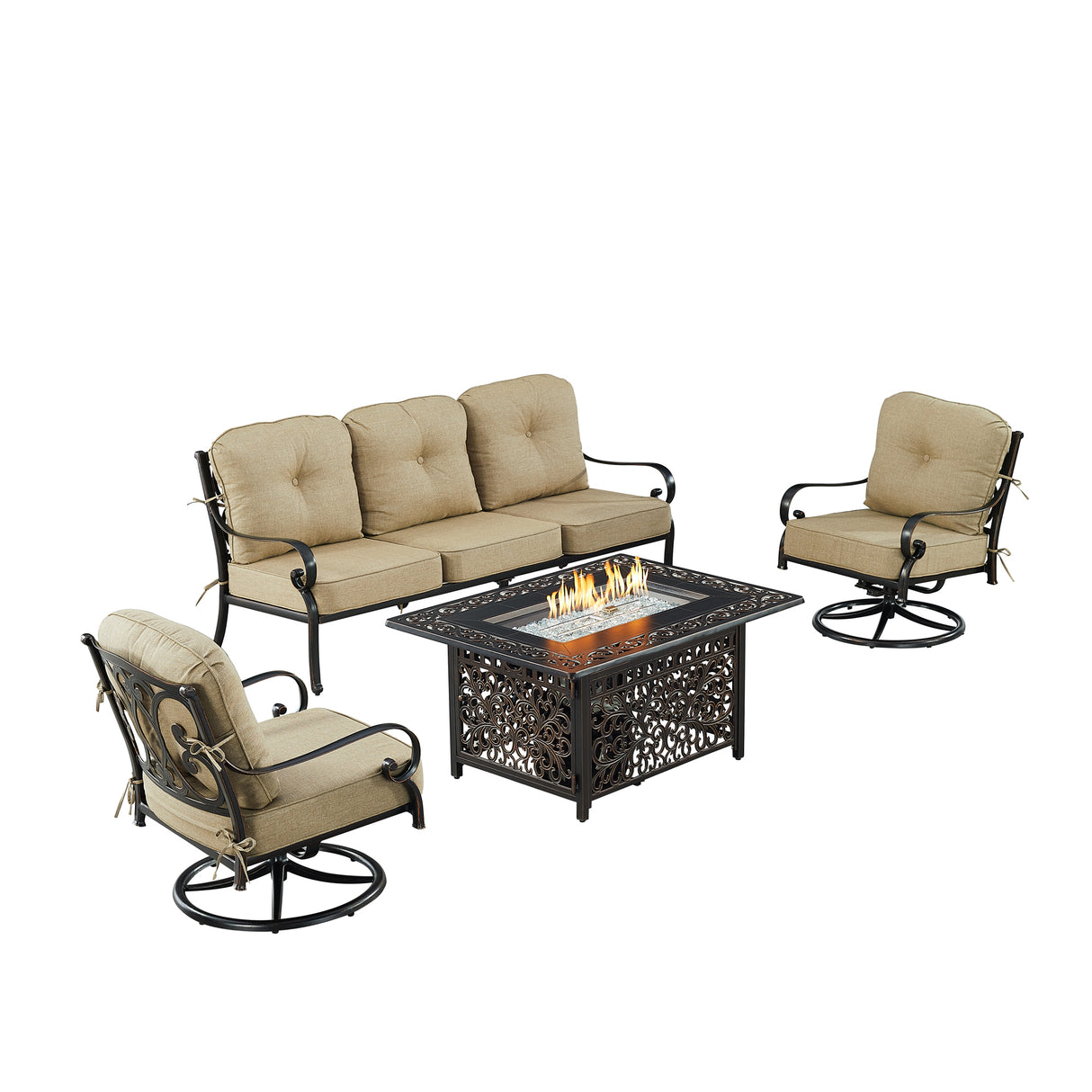 Black Aluminum Fire Table Set with Deep Seating Sofa with Cushion and Two Club Chairs - Sharicks