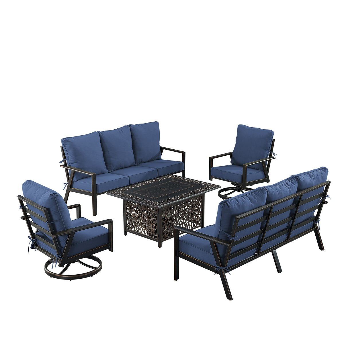 Black Aluminum Fire Table Set with Two Deep Seating Sofa with Cushions and Two Club Chairs - Sharicks
