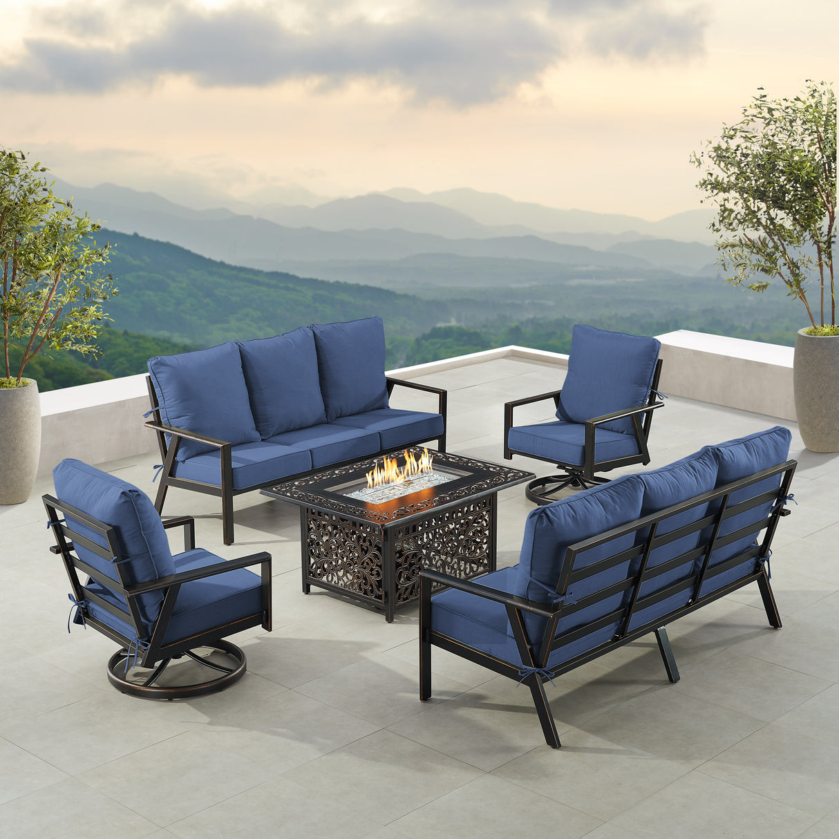Black Aluminum Fire Table Set with Two Deep Seating Sofa with Cushions and Two Club Chairs - Sharicks