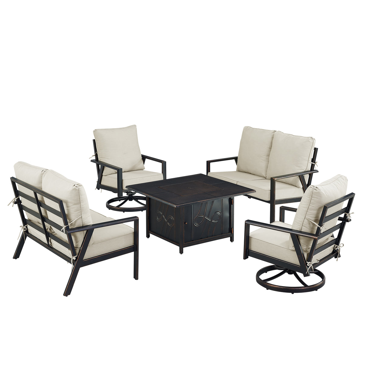 Black Aluminum Fire Table Set with Two Deep Seating Loveseat with Cushions and Two Club Chairs - Sharicks