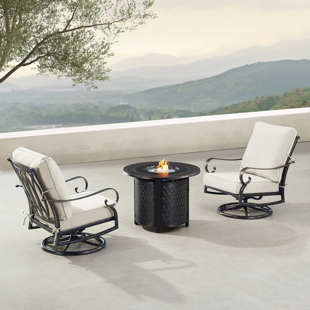 Black Aluminum Fire Table Bistro Set with Two Club Chairs - Sharicks