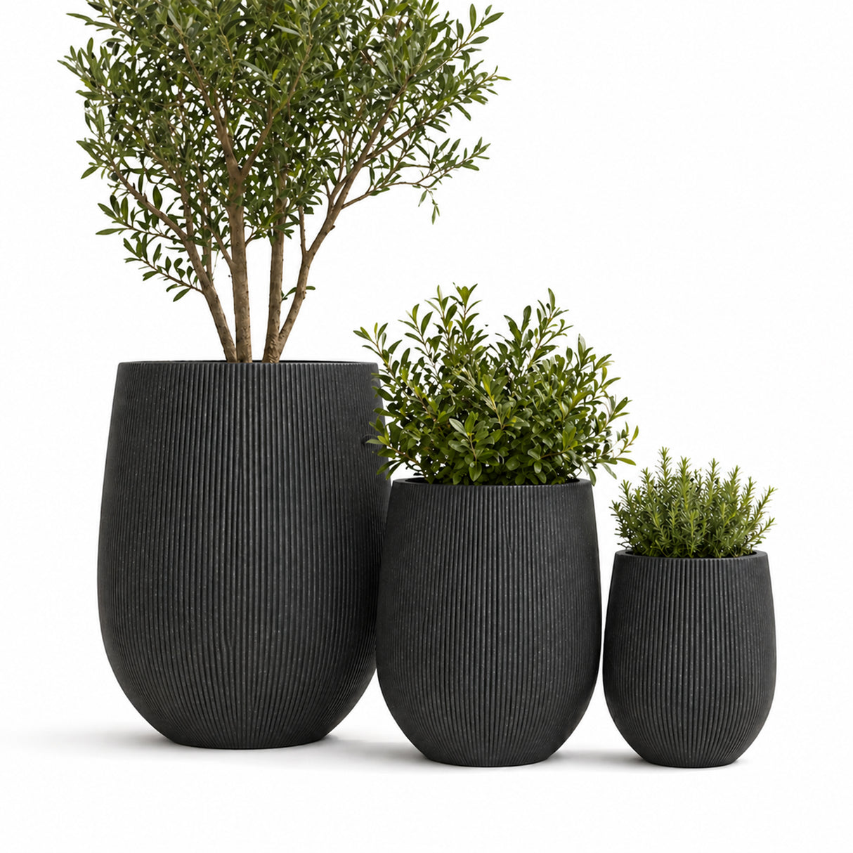 Set of 3 Fluted Round Polystone Indoor/Outdoor Planters, Black