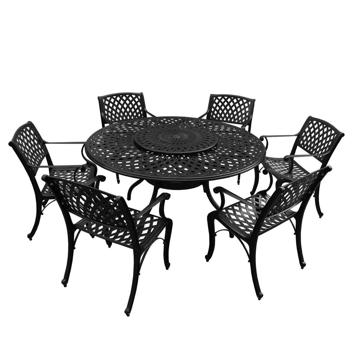Outdoor Aluminum 7pc Round Patio Dining Set with Lazy Susan, Six Chairs - Sharicks