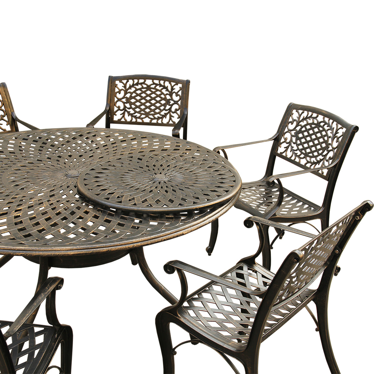 Outdoor Aluminum 7pc Round Patio Dining Set with Lazy Susan, Six Chairs - Sharicks