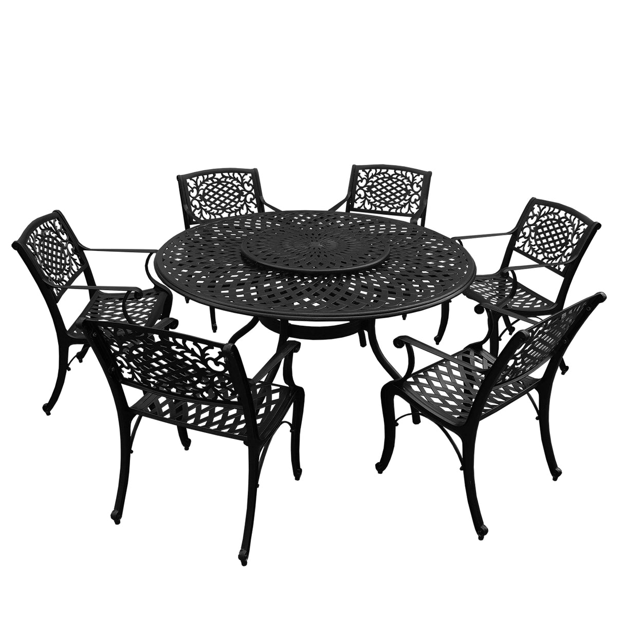 Outdoor Aluminum 7pc Round Patio Dining Set with Lazy Susan, Six Chairs - Sharicks
