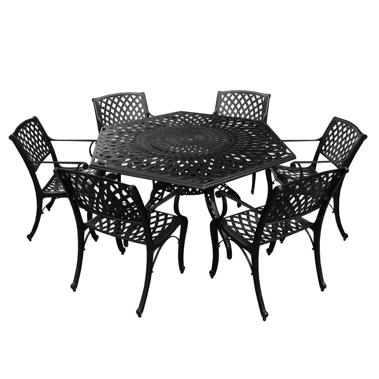 Outdoor Aluminum 7pc Hexagon Patio Dining Set, Lazy Susan, Six Chairs - Sharicks