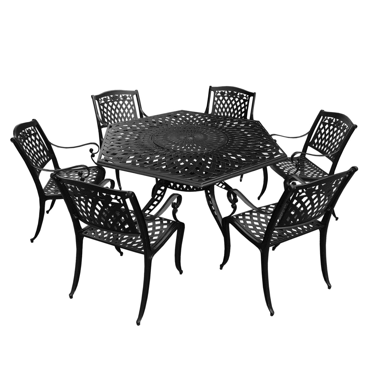 Aluminum 7pc Hexagon Rose Patio Dining Set, Lazy Susan, Six Chairs - Sharicks