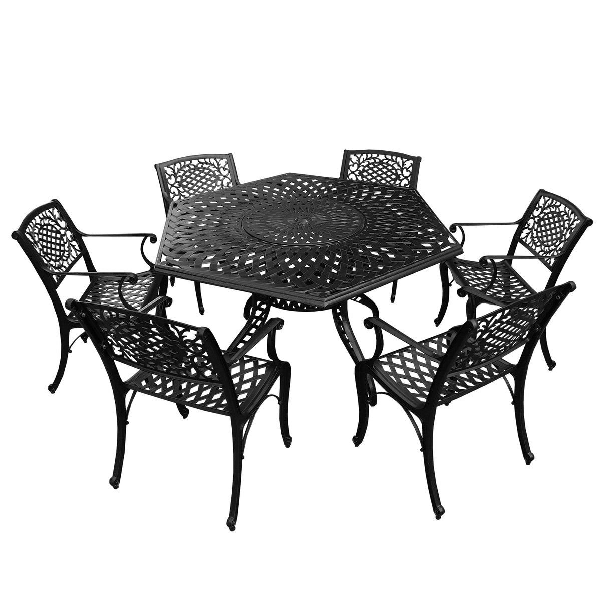 Outdoor Aluminum 7pc Hexagon Patio Dining Set, Lazy Susan, Six Chairs - Sharicks