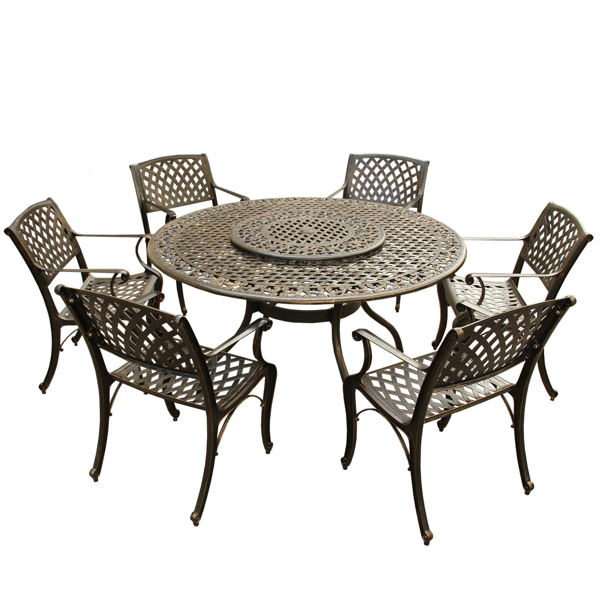 Outdoor Aluminum 7pc Round Patio Dining Set, Lazy Susan, Six Chairs - Sharicks