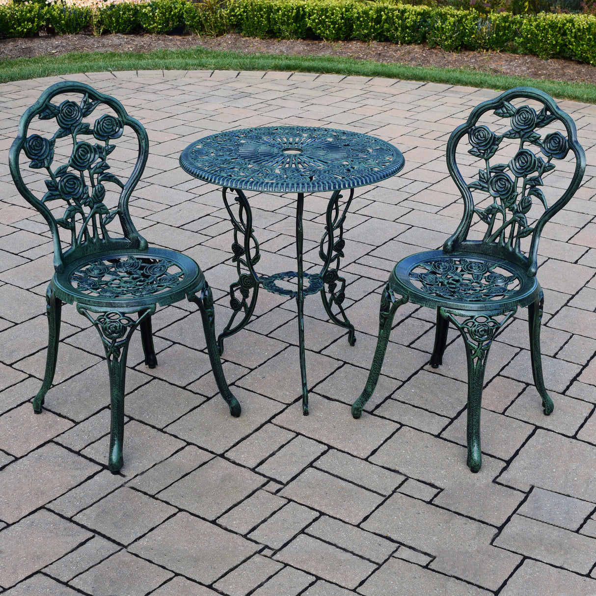 Cast Aluminum Metal Antique Green 3 Piece Patio Rose Bistro Set Sharicks