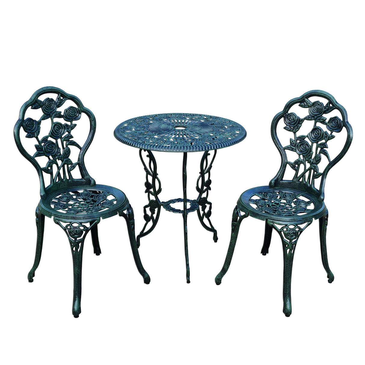Cast Aluminum Metal Antique Green 3 Piece Patio Rose Bistro Set Sharicks