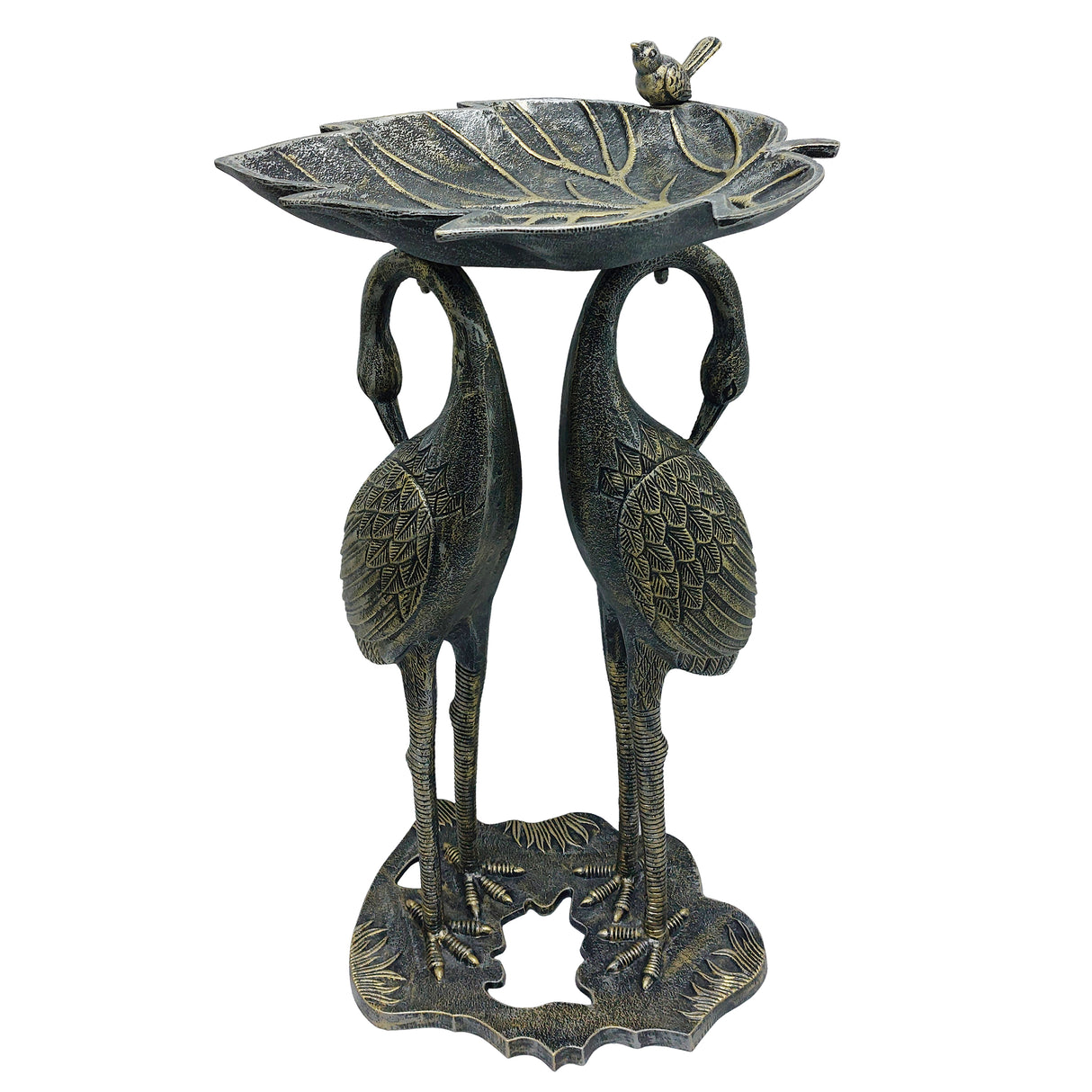 Cast Aluminum 30-in Twin Crane Bird Bath with Leaf Bowl Sharicks