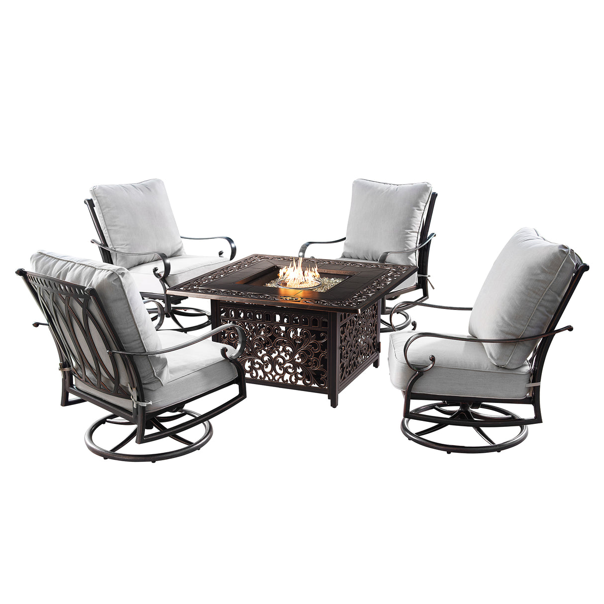 Aluminum 42-in Square Patio Fire Table Set with Swivel Rocking Chairs - Sharicks
