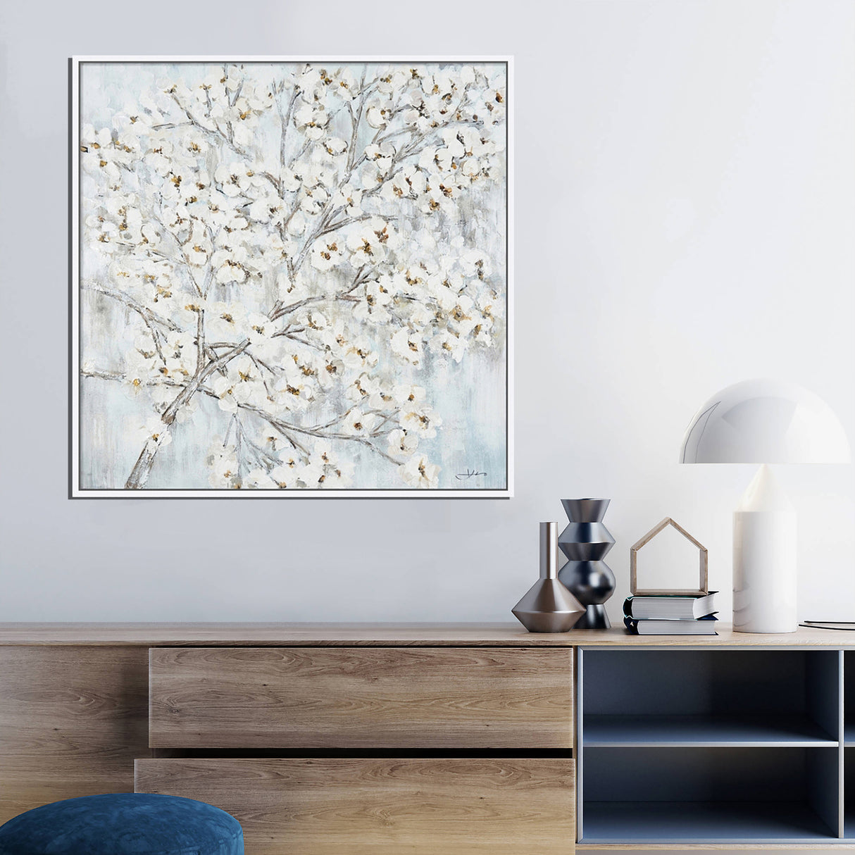 Hand Painted Acrylic Wall Art White Flower Tree on a 39 x 39 Square Canvas with a White Wooden Frame - Sharicks