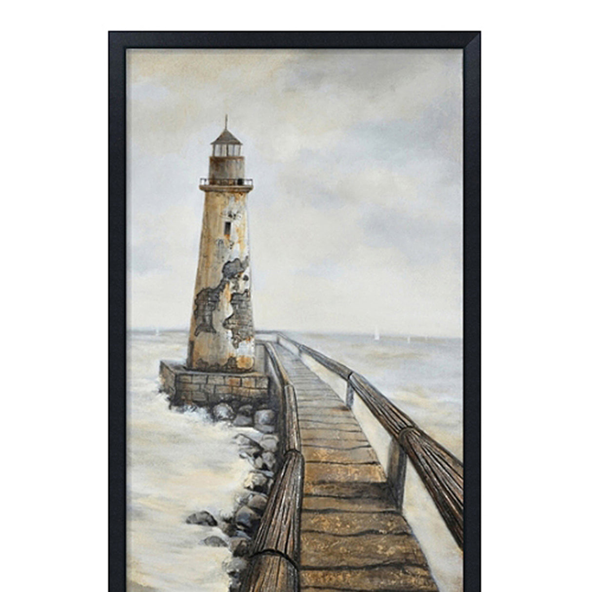 Hand Painted Acrylic Wall Art Vintage Light House 32 x 71 Rectangular Canvas with a Black Wooden Frame - Sharicks