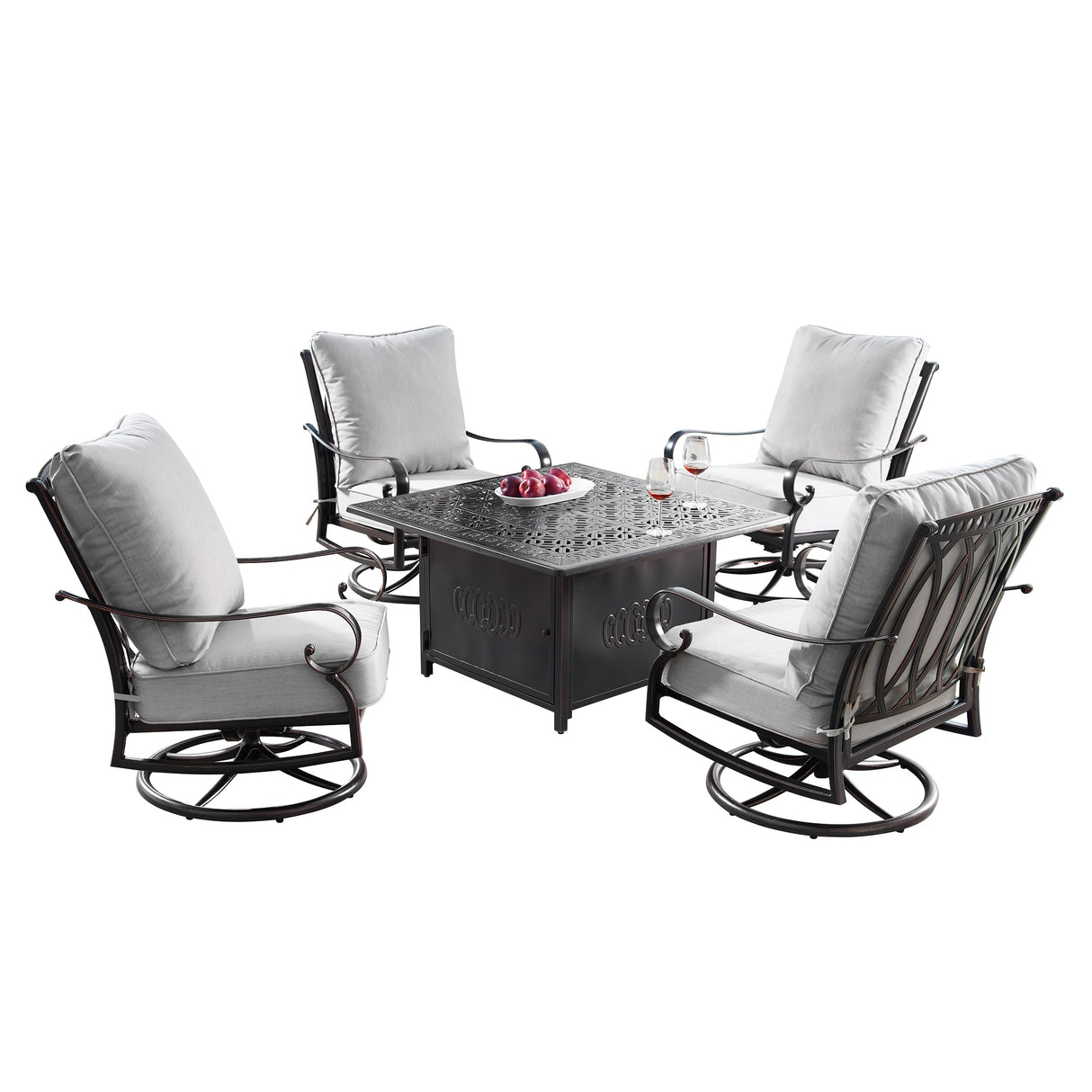 Aluminum 42-in Square Patio Fire Table Set with Swivel Rocking Chairs - Sharicks