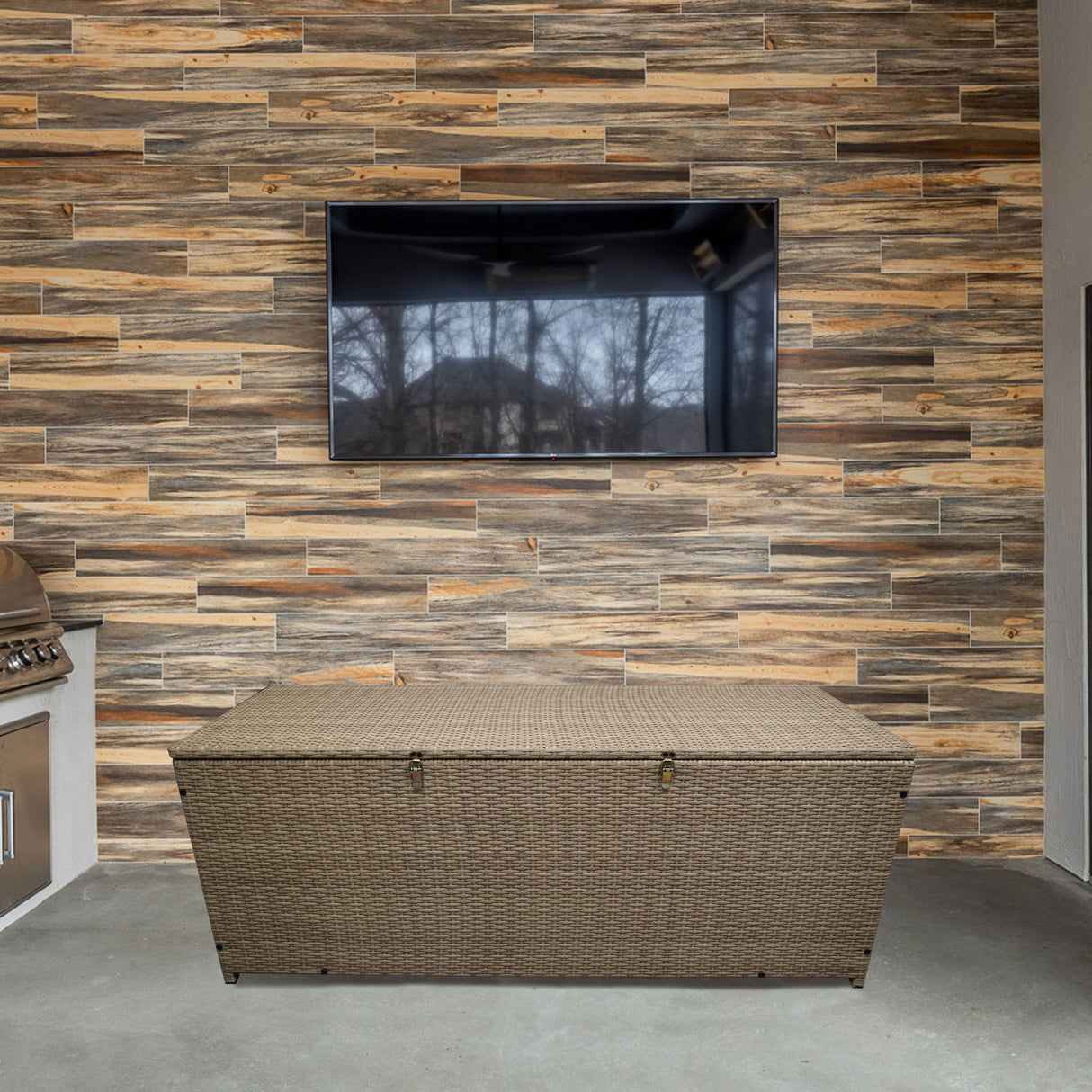 Tan Wicker Patio Deck Box with 113 Gallon Storage and Metal Frame Sharicks