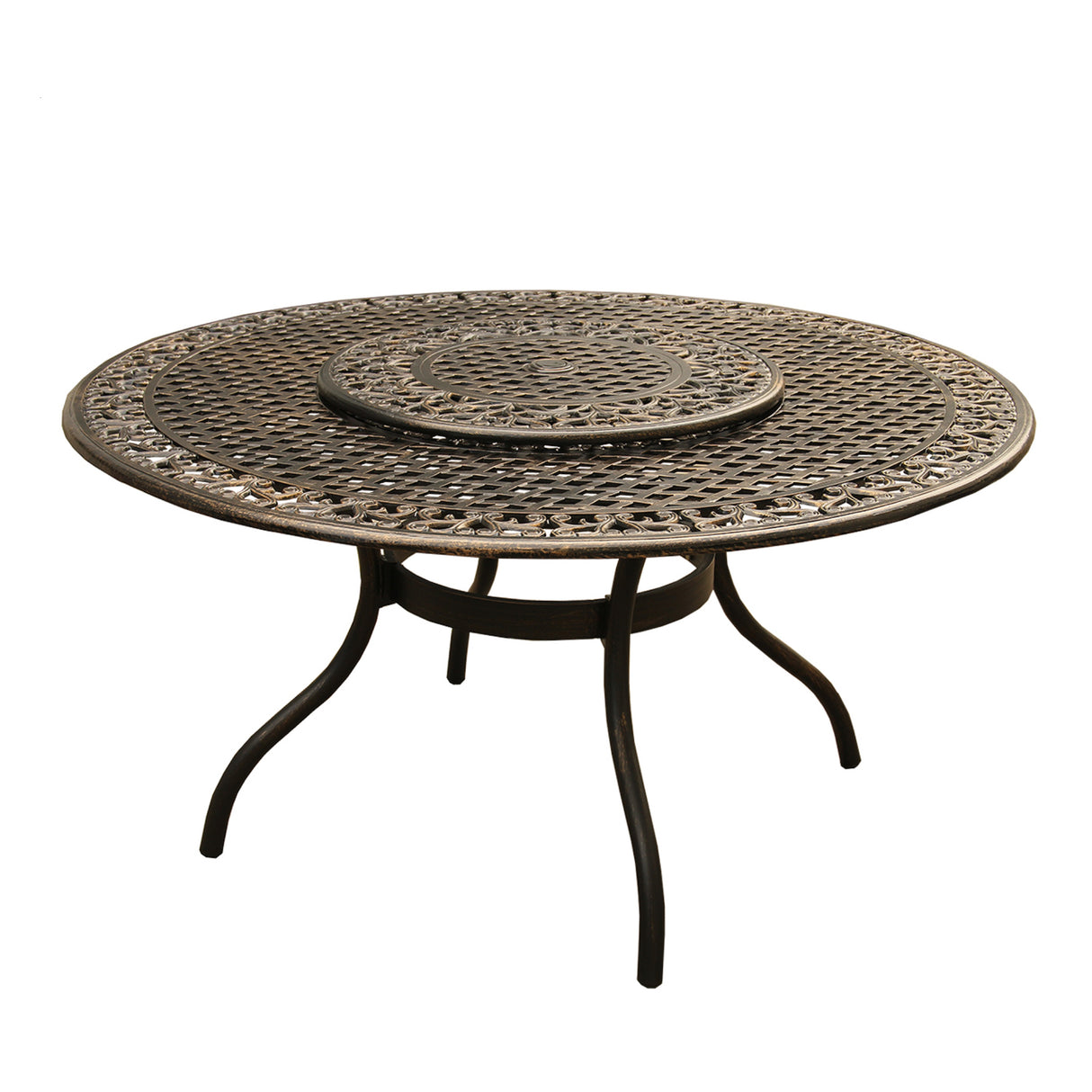 Outdoor Ornate Aluminum 59-in Round Patio Dining Table with Lazy Susan Sharicks