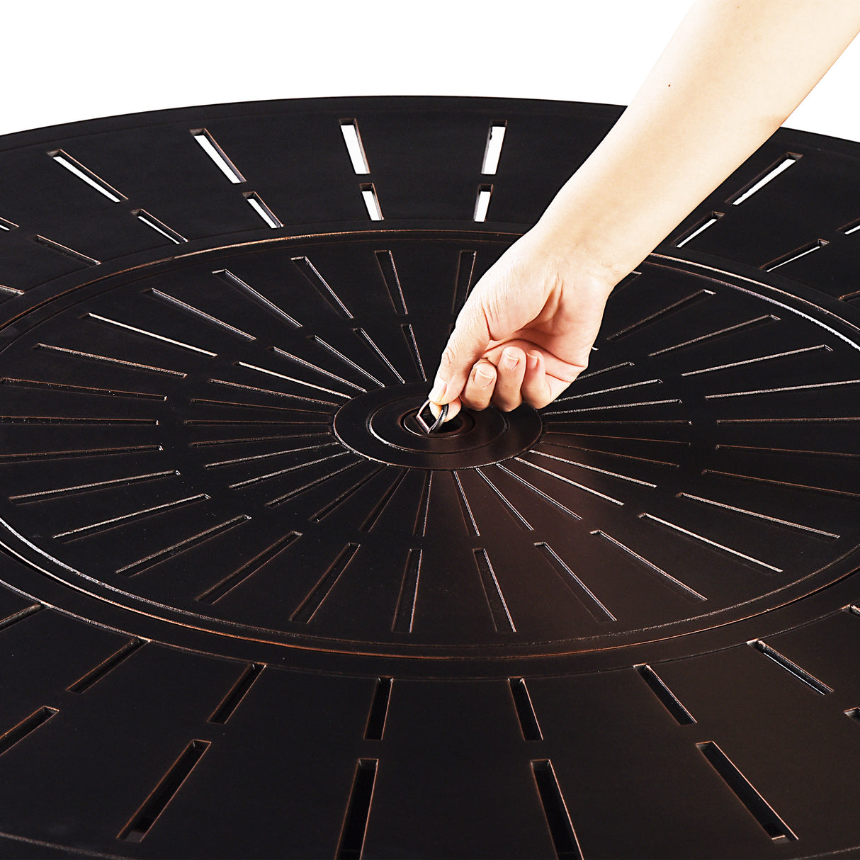 Aluminum 44-in Round Antique Copper Fire Table Set with Rocking Chairs - Sharicks