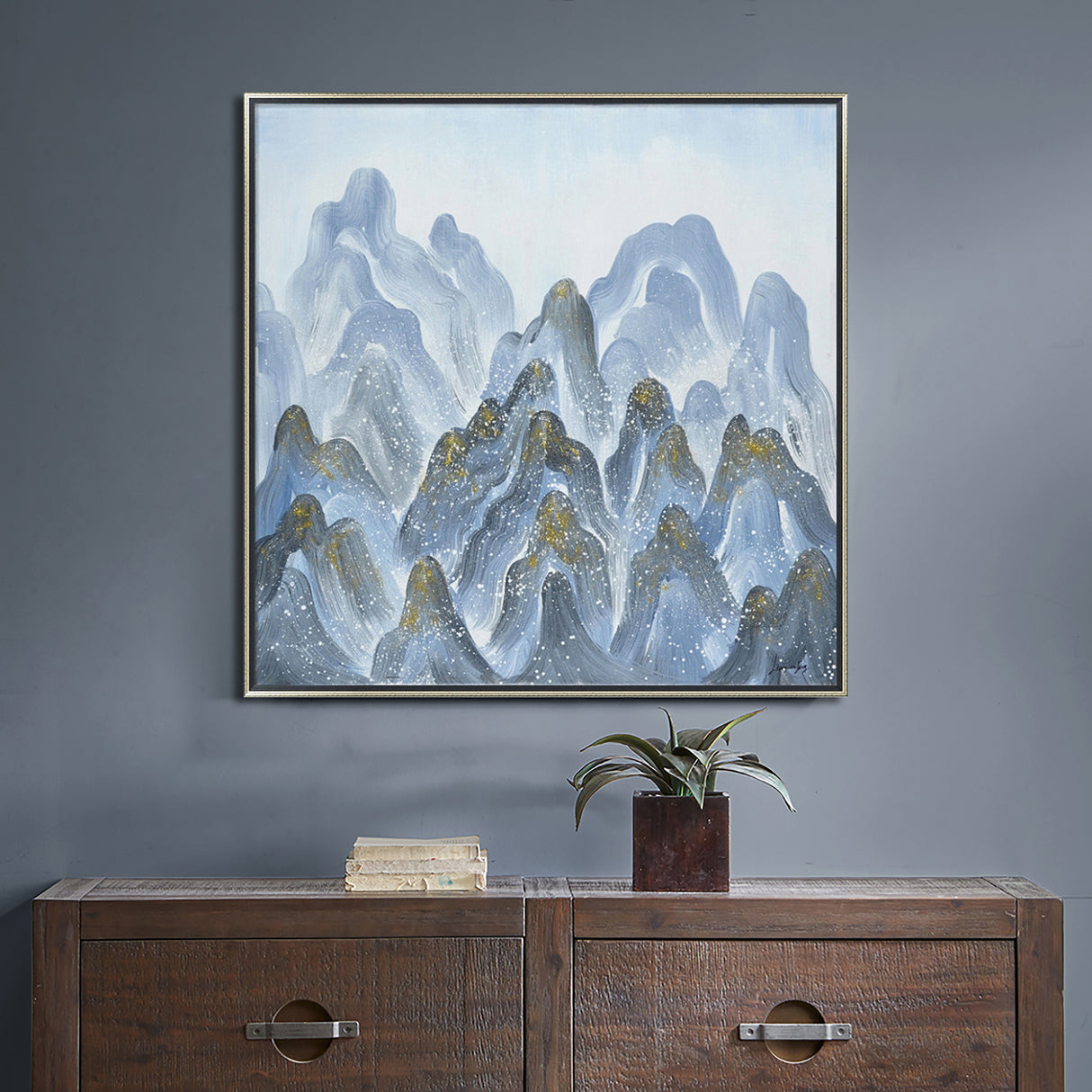 Hand Painted Acrylic Wall Art Blue Mountains on a 39 x 39 Square Canvas with a Silver Wooden Frame - Sharicks