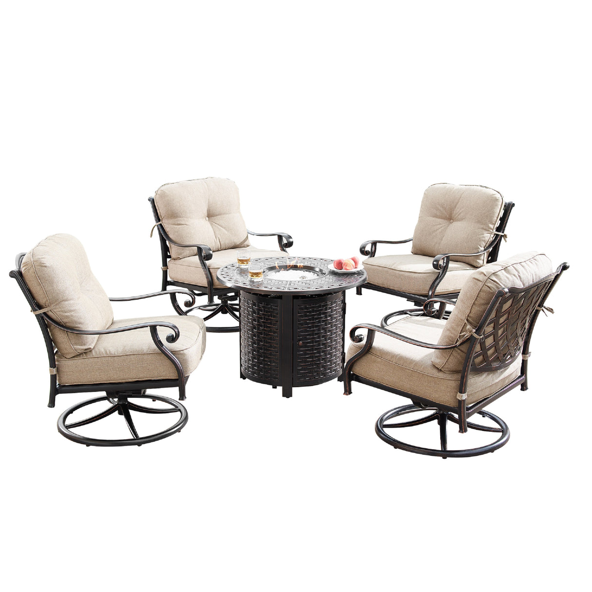 Aluminum 34-in Round Patio Fire Table Set with Swivel Rocking Chairs - Sharicks