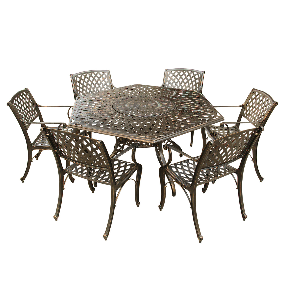 Outdoor Aluminum 7pc Hexagon Patio Dining Set, Lazy Susan, Six Chairs - Sharicks
