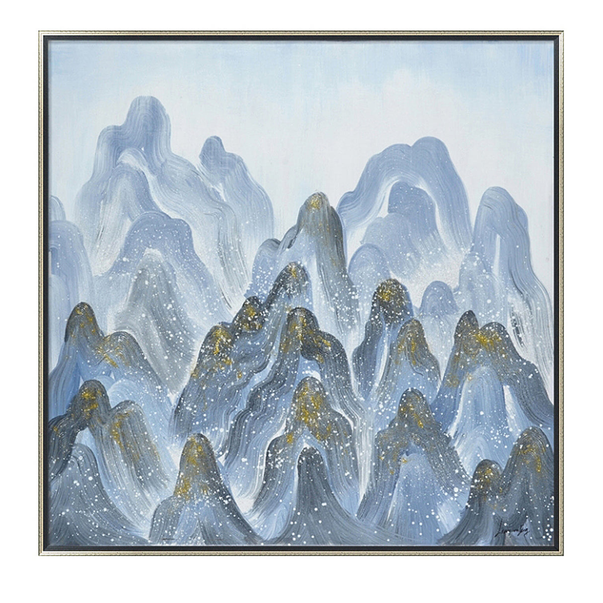Hand Painted Acrylic Wall Art Blue Mountains on a 39 x 39 Square Canvas with a Silver Wooden Frame - Sharicks