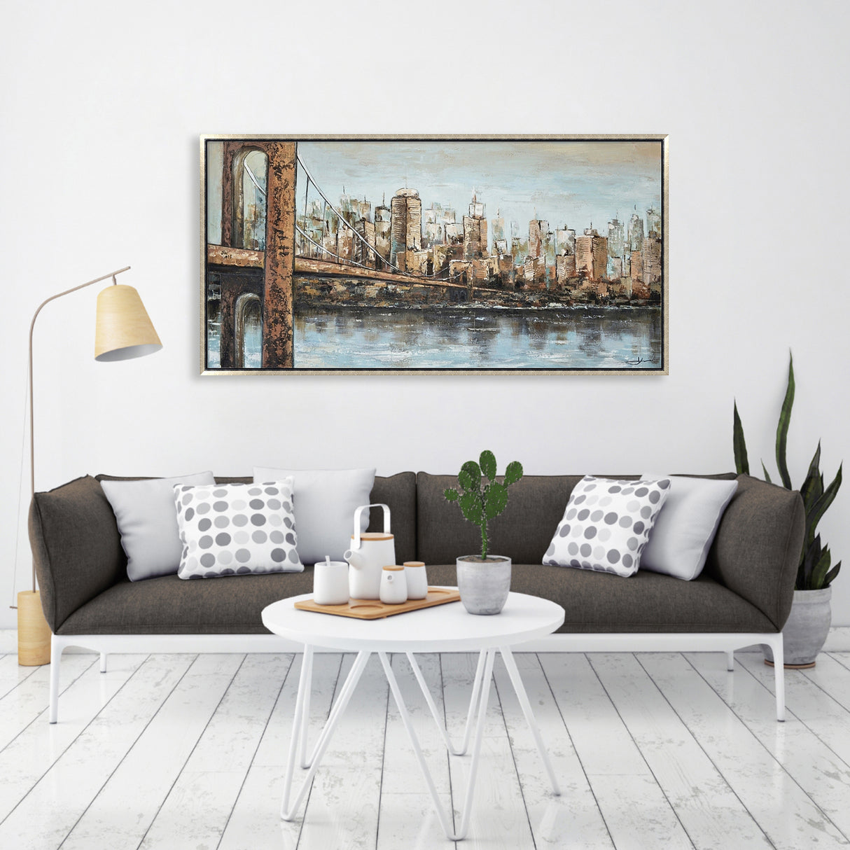 Hand Painted Acrylic Wall Art New York Cityscape on a 55 x 28 Rectangular Canvas with a Champagne Wooden Frame - Sharicks