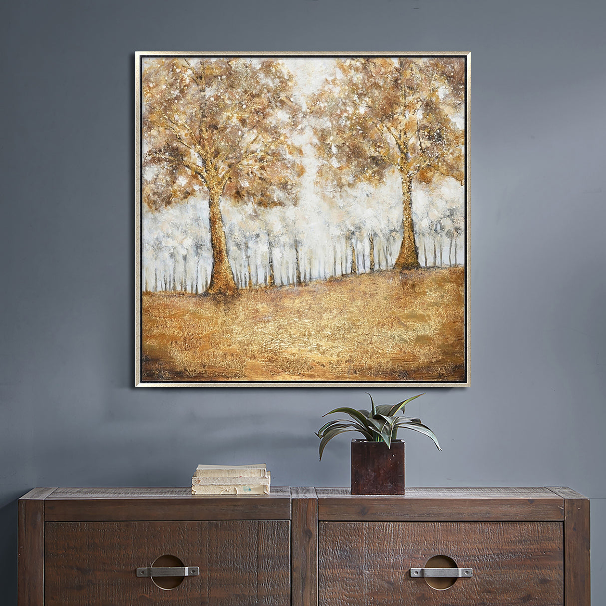 Hand Painted Acrylic Wall Art Golden Forrest on a 39 x 39 Square Canvas with a Champagne Wooden Frame - Sharicks