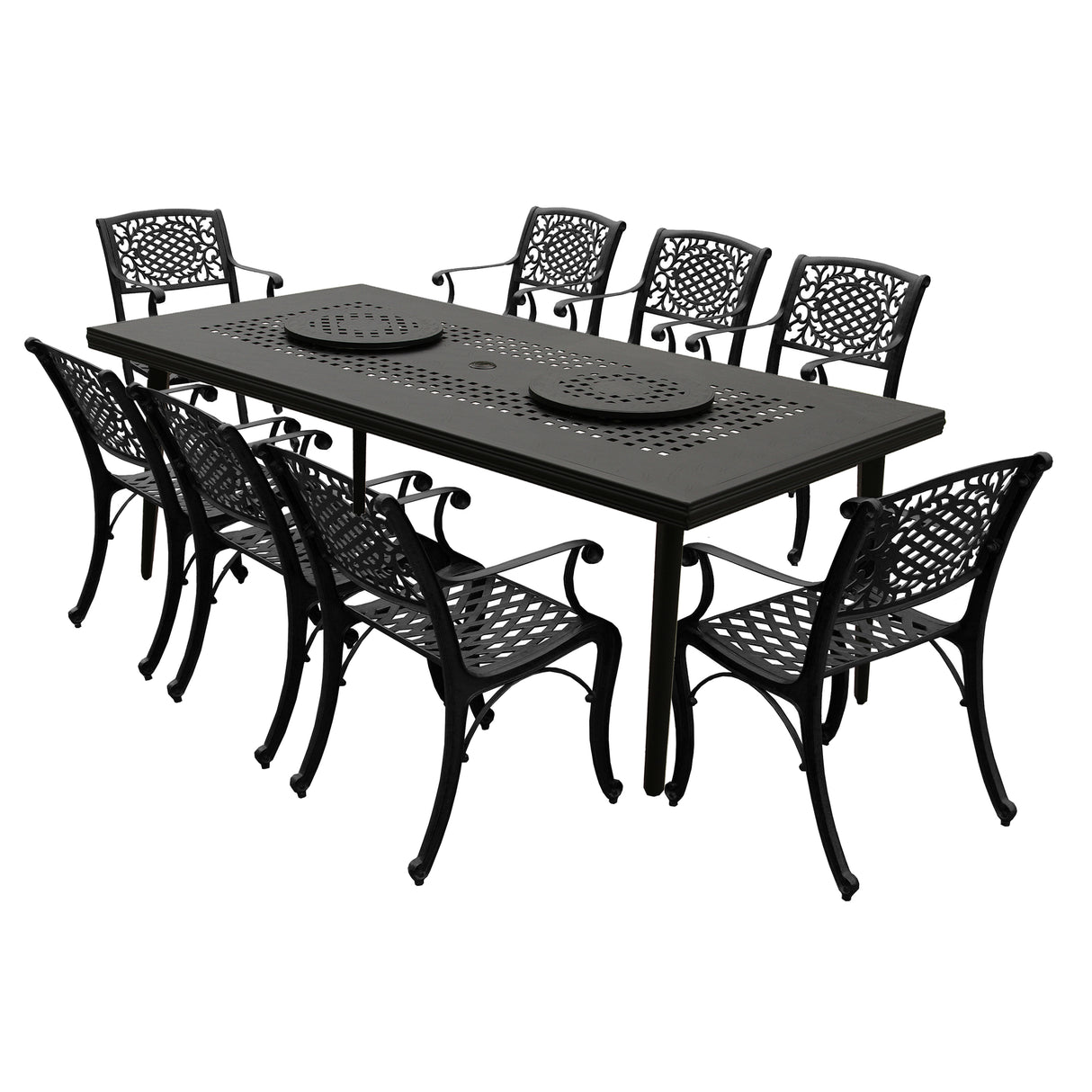 Aluminum 9pc Rectangular Patio Dining Set, Lazy Susans, Eight Chairs - Sharicks