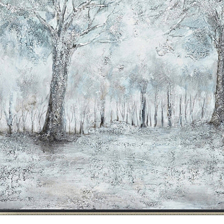 Hand Painted Acrylic Wall Art Snowy Forrest on a 39 x 39 Square Canvas with a Silver Wooden Frame