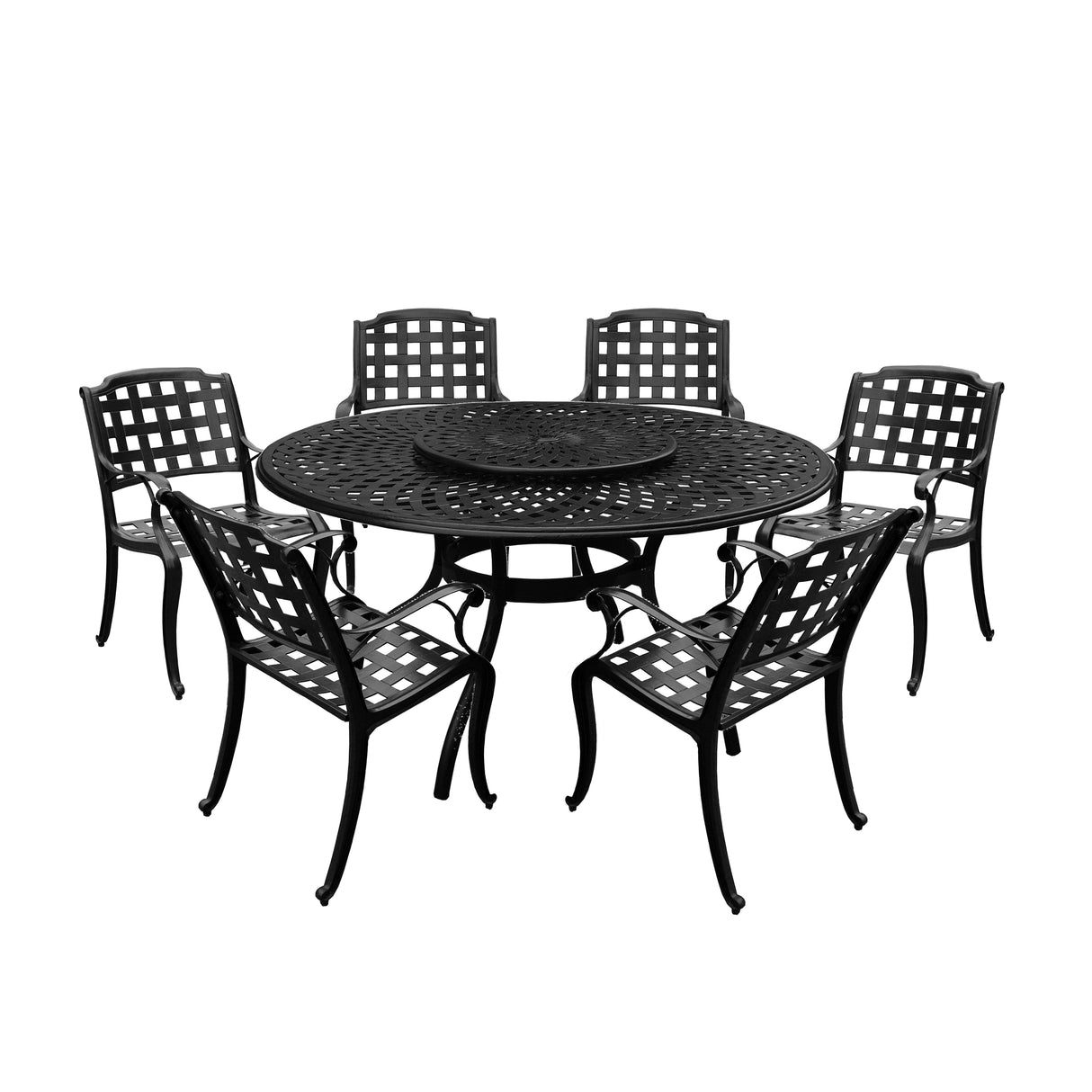 Aluminum 7pc Black Round Patio Dining Set, Lazy Susan, Six Chairs - Sharicks