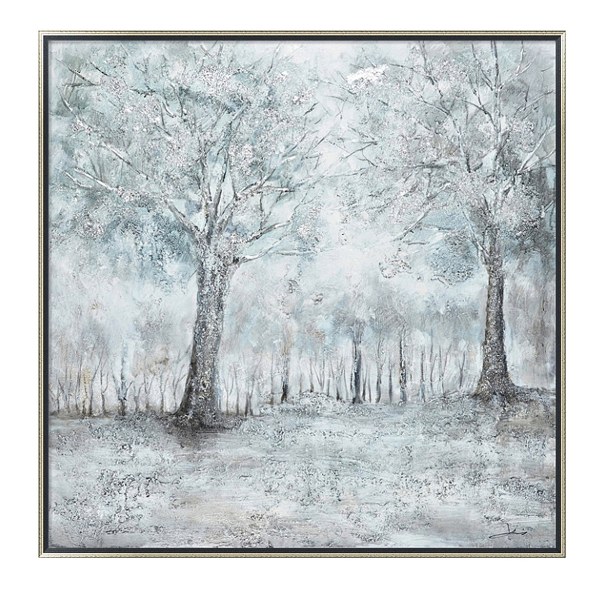 Hand Painted Acrylic Wall Art Snowy Forrest on a 39 x 39 Square Canvas with a Silver Wooden Frame - Sharicks