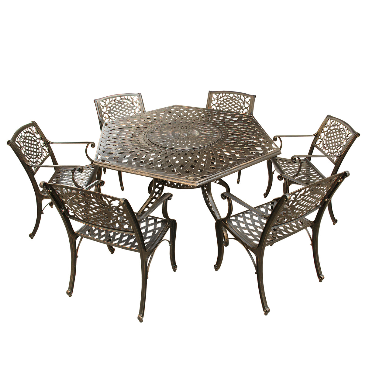 Outdoor Aluminum 7pc Hexagon Patio Dining Set, Lazy Susan, Six Chairs - Sharicks