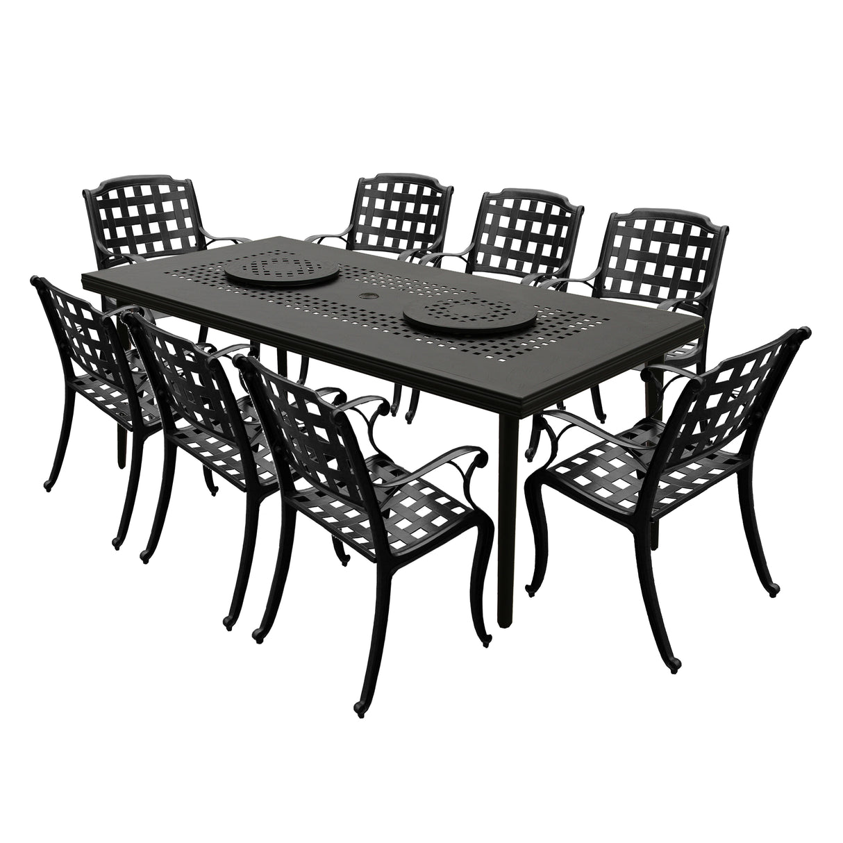 Aluminum 9pc Rectangular Patio Dining Set, Lazy Susans, Eight Chairs - Sharicks