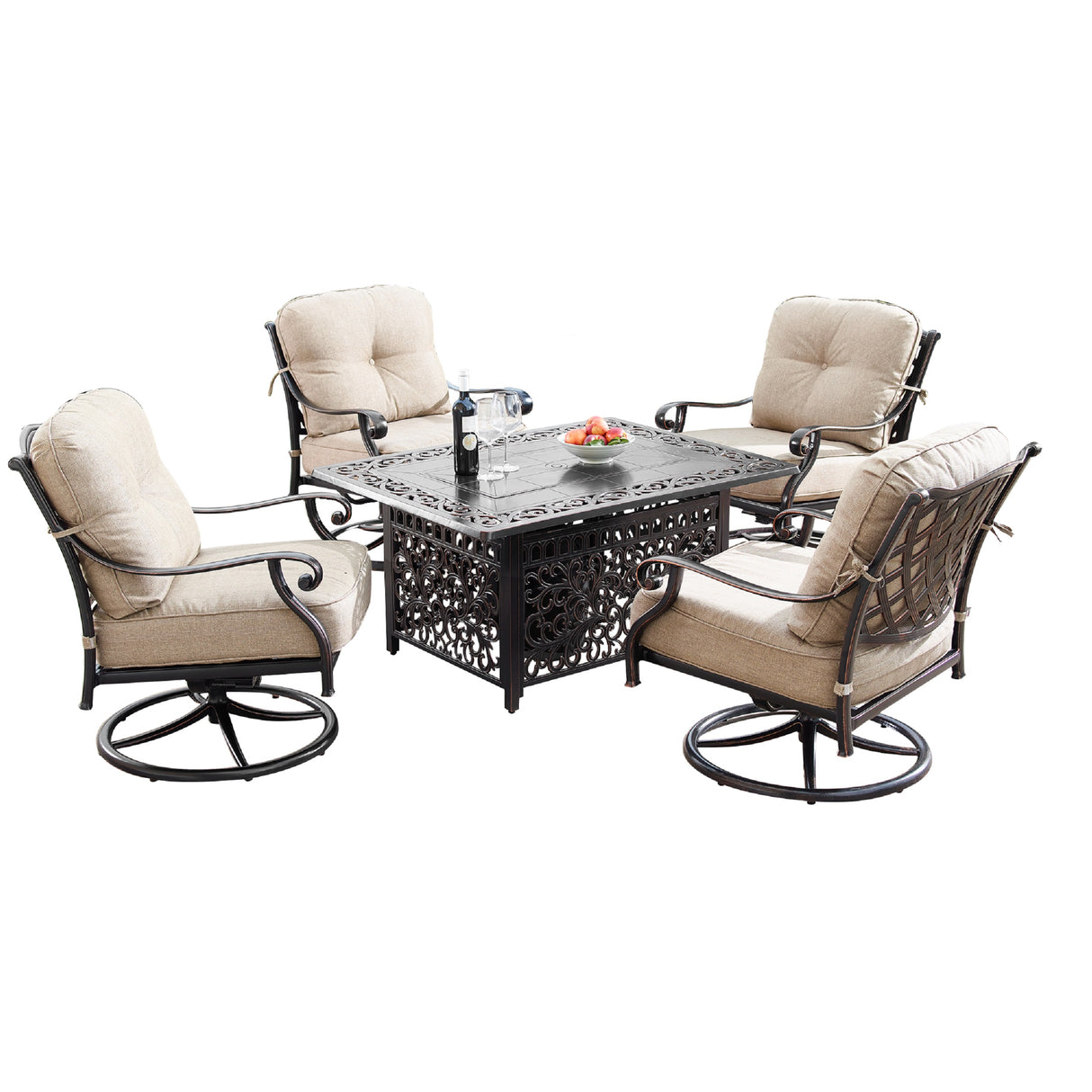 Aluminum 48-in Rectangular Patio Fire Table and Swivel Rocker Set - Sharicks