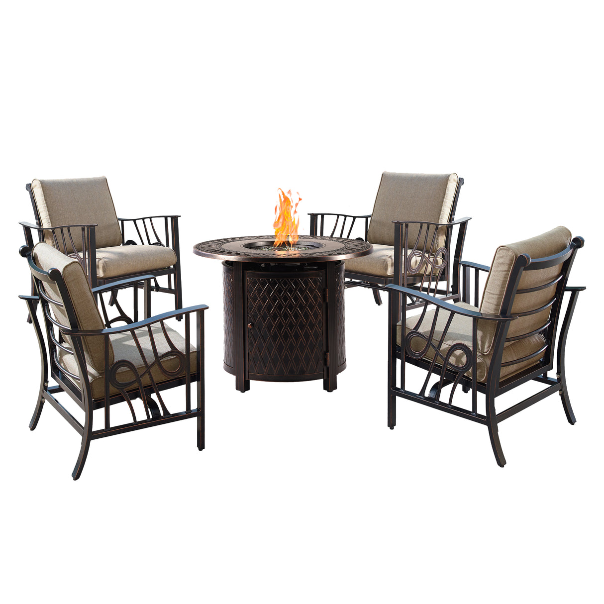Aluminum 34-in Round Antique Copper Fire Table Set with Rocking Chairs - Sharicks