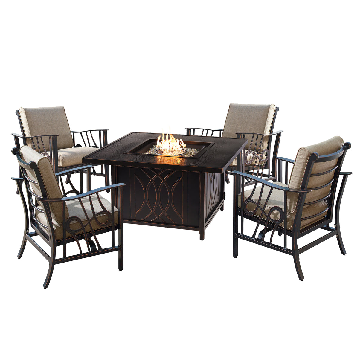 Aluminum 42-in Square Antique Copper Fire Table Set and Rocking Chairs - Sharicks