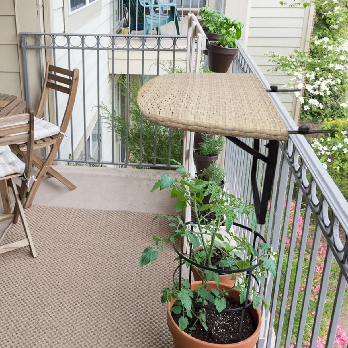 Tan Wicker Foldable Patio Balcony Table with Adjustable Clamps Sharicks