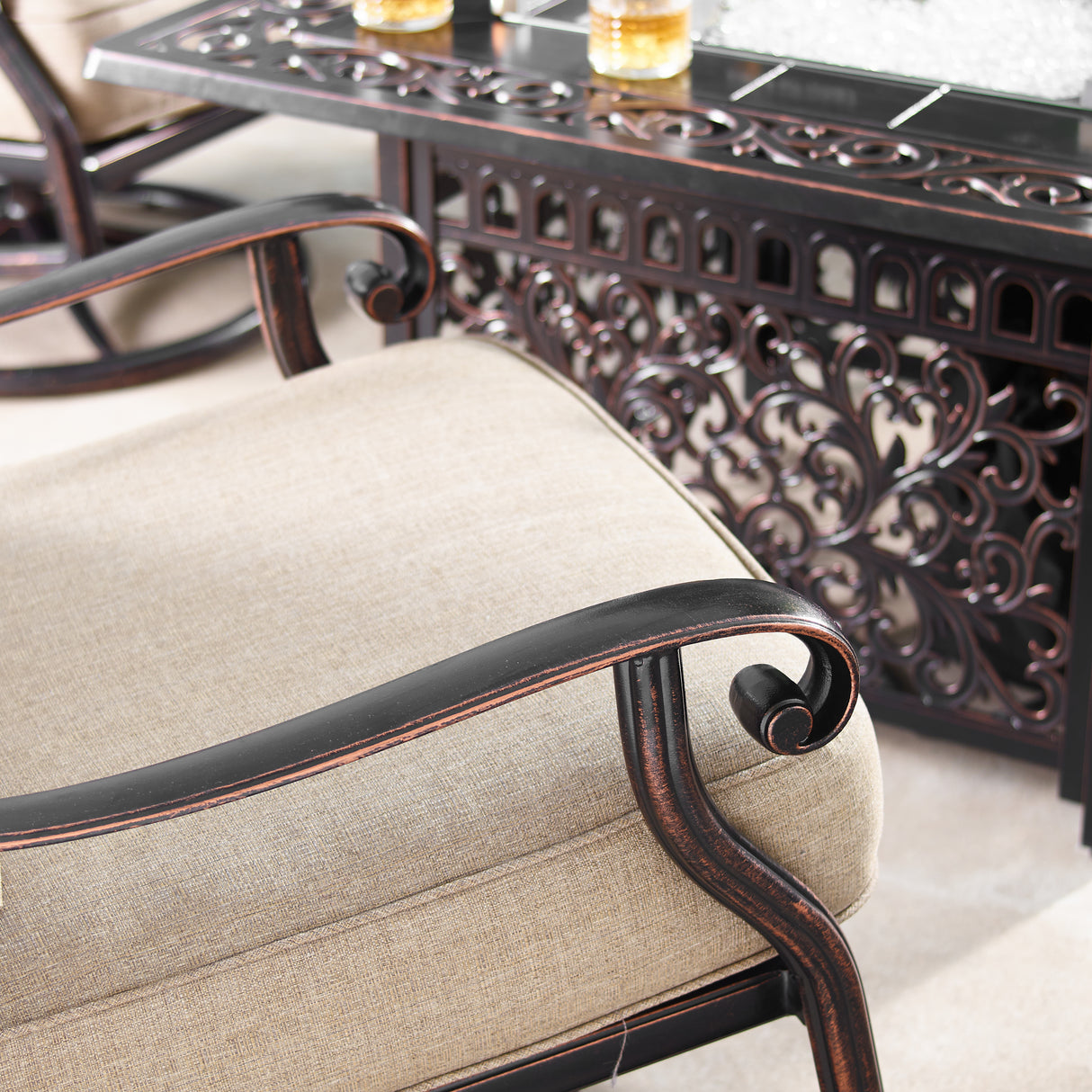 Aluminum 42-in Square Patio Fire Table Set with Swivel Rocking Chairs - Sharicks