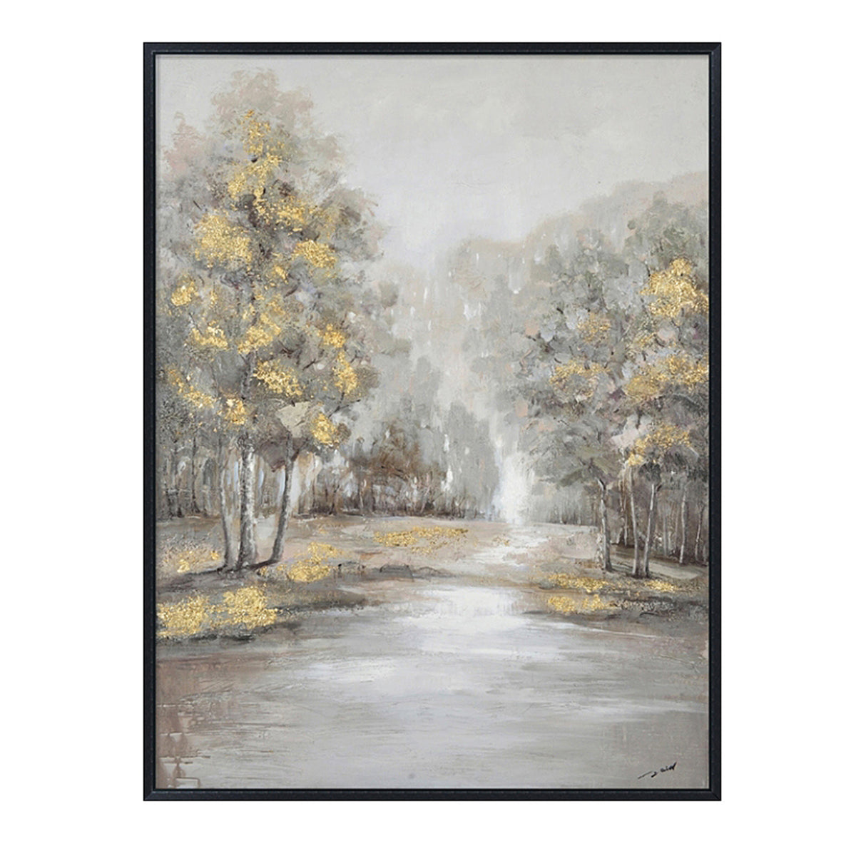 Hand Painted Acrylic Wall Art Landscape Golden Trees on a 35 x 47 Rectangular Canvas with a Black Wooden Frame - Sharicks