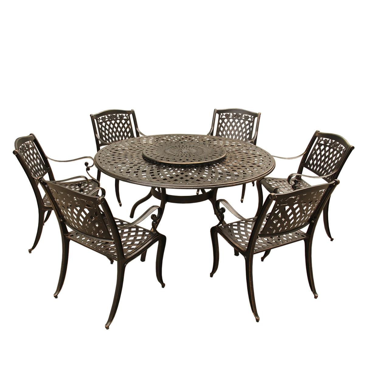Outdoor Aluminum 7pc Round Patio Dining Set, Lazy Susan, Six Chairs - Sharicks