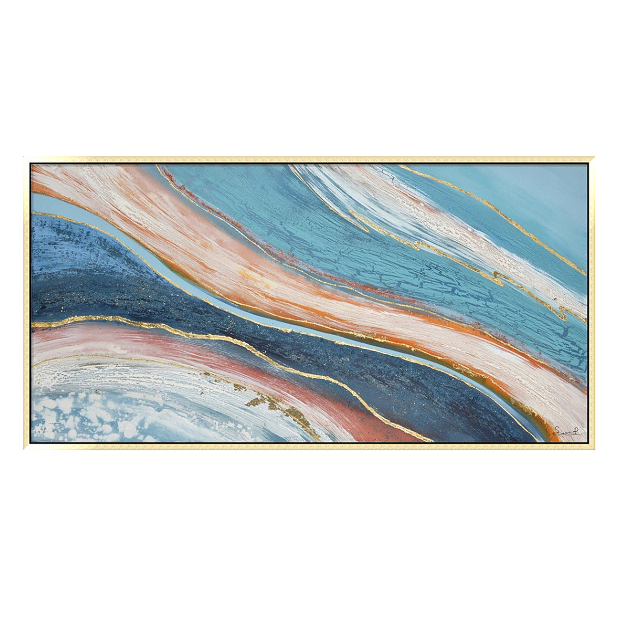 Hand Painted Acrylic Abstract Wall Art Blues and Reds on a 59 x 30 Rectangular Canvas with a Gold Wooden Frame - Sharicks