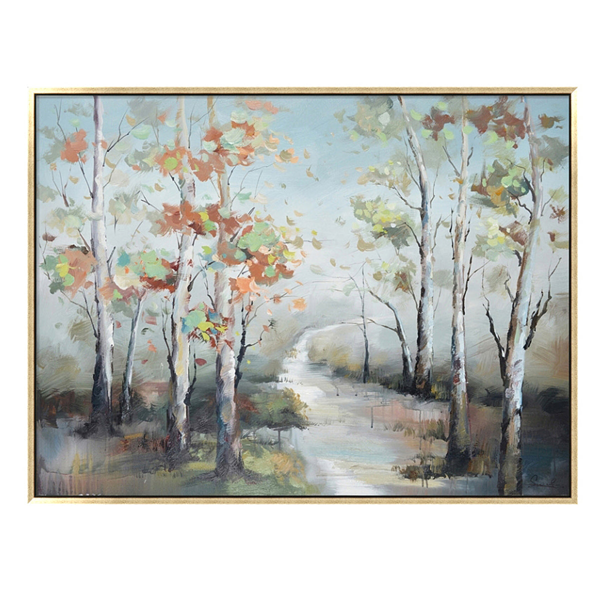 Hand Painted Acrylic Wall Art Fall Colorful Trees on a 47 x 35 Rectangular Canvas with a Gold Wooden Frame - Sharicks