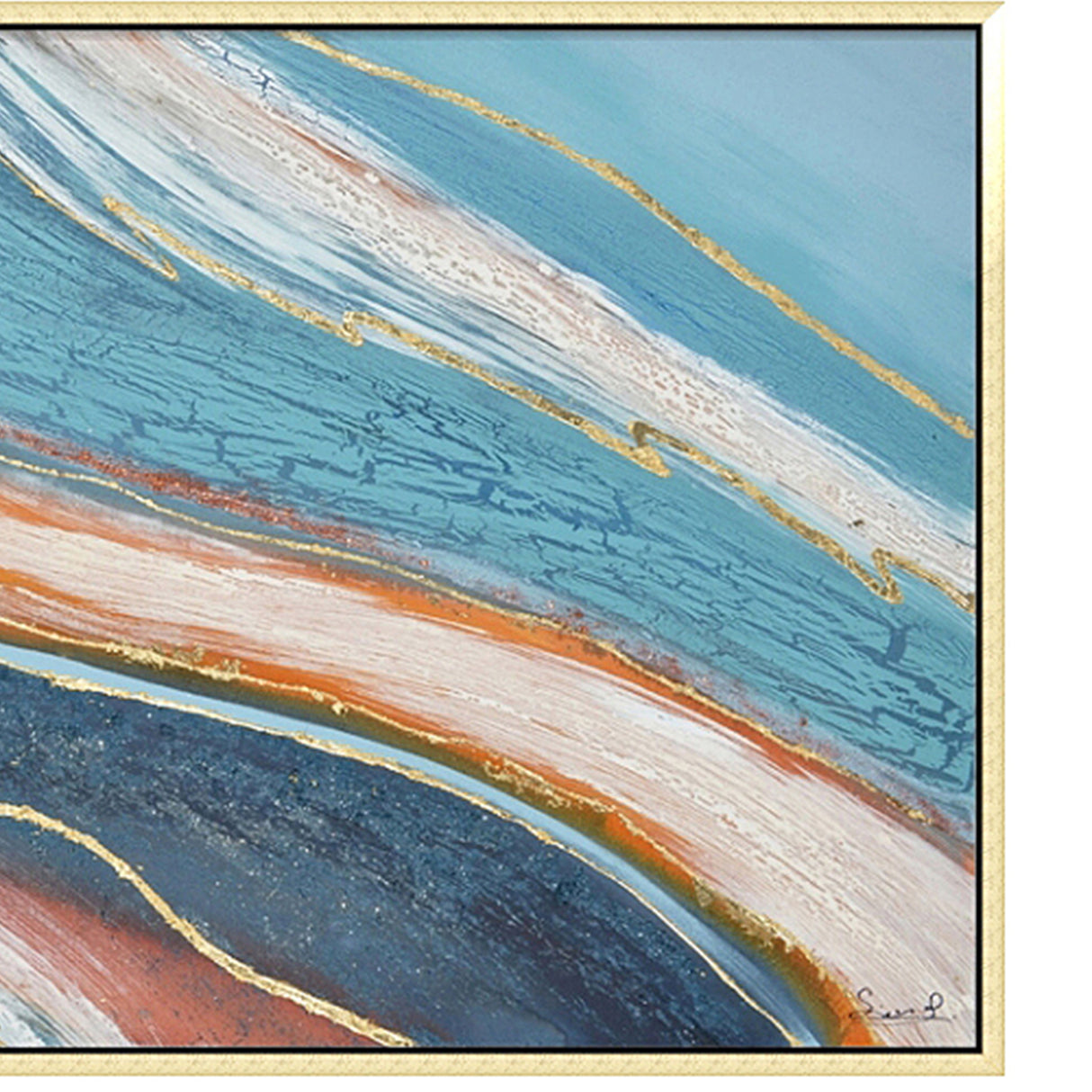 Hand Painted Acrylic Abstract Wall Art Blues and Reds on a 59 x 30 Rectangular Canvas with a Gold Wooden Frame - Sharicks