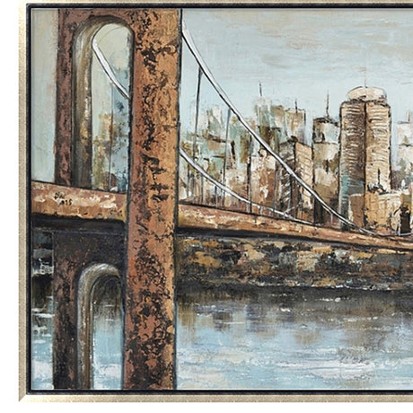 Hand Painted Acrylic Wall Art New York Cityscape on a 55 x 28 Rectangular Canvas with a Champagne Wooden Frame