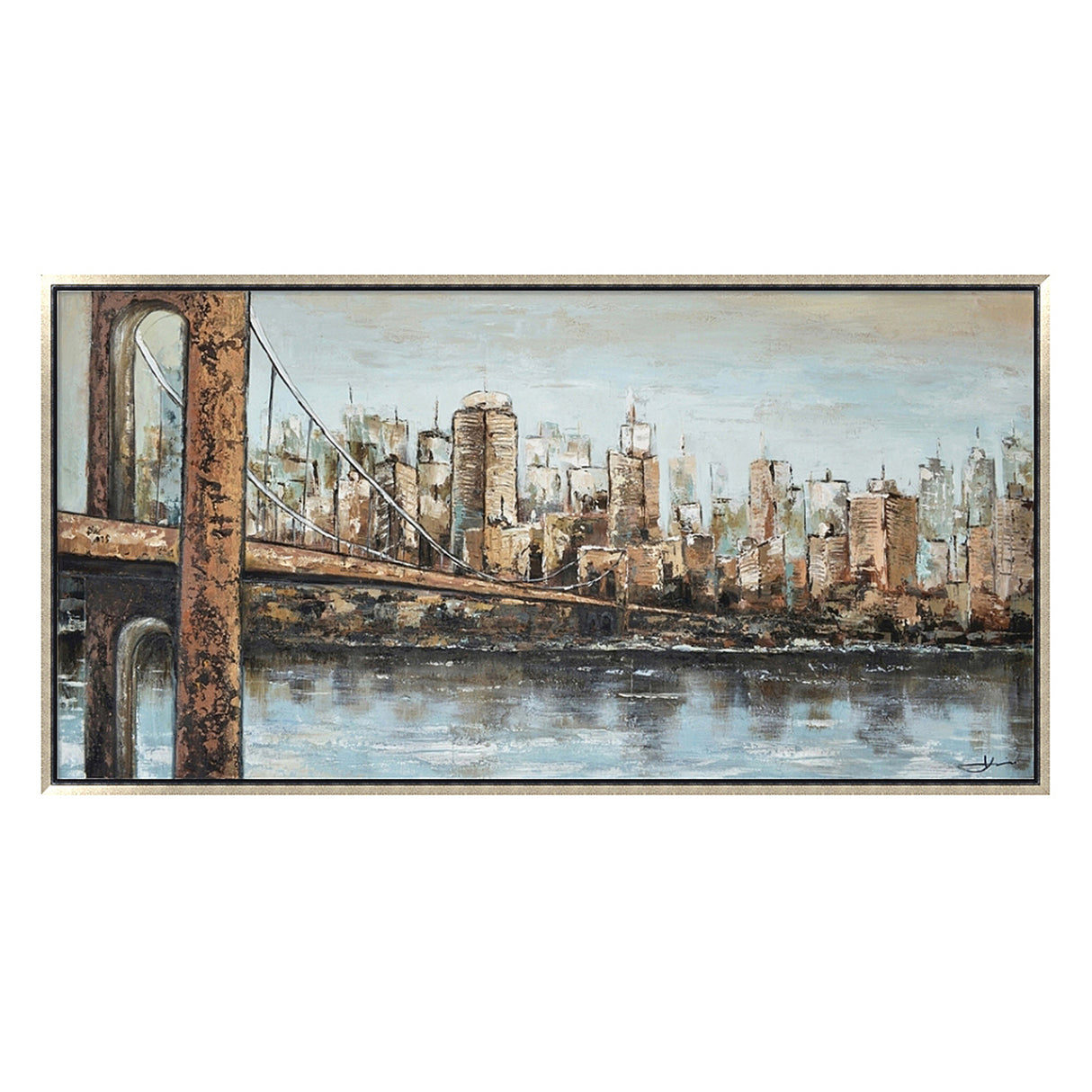 Hand Painted Acrylic Wall Art New York Cityscape on a 55 x 28 Rectangular Canvas with a Champagne Wooden Frame - Sharicks